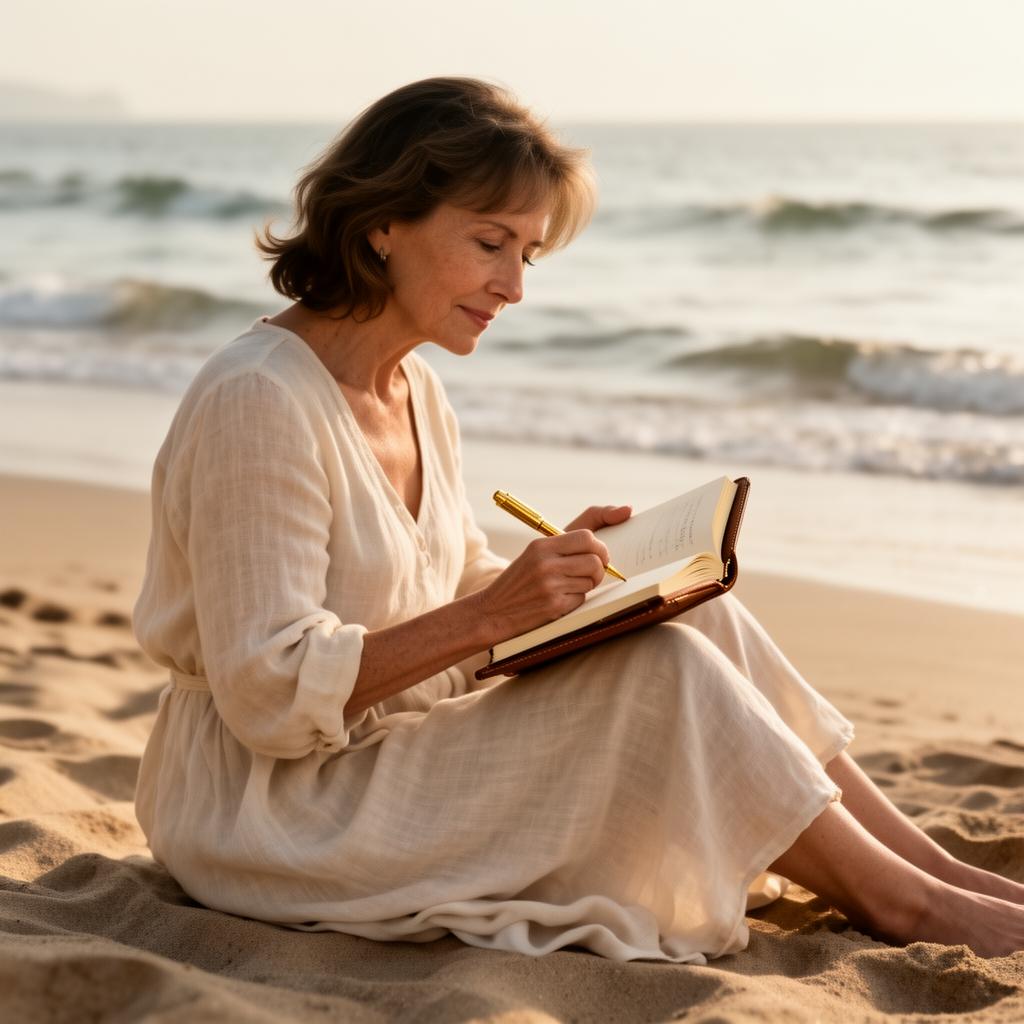 A woman journaling at the beach